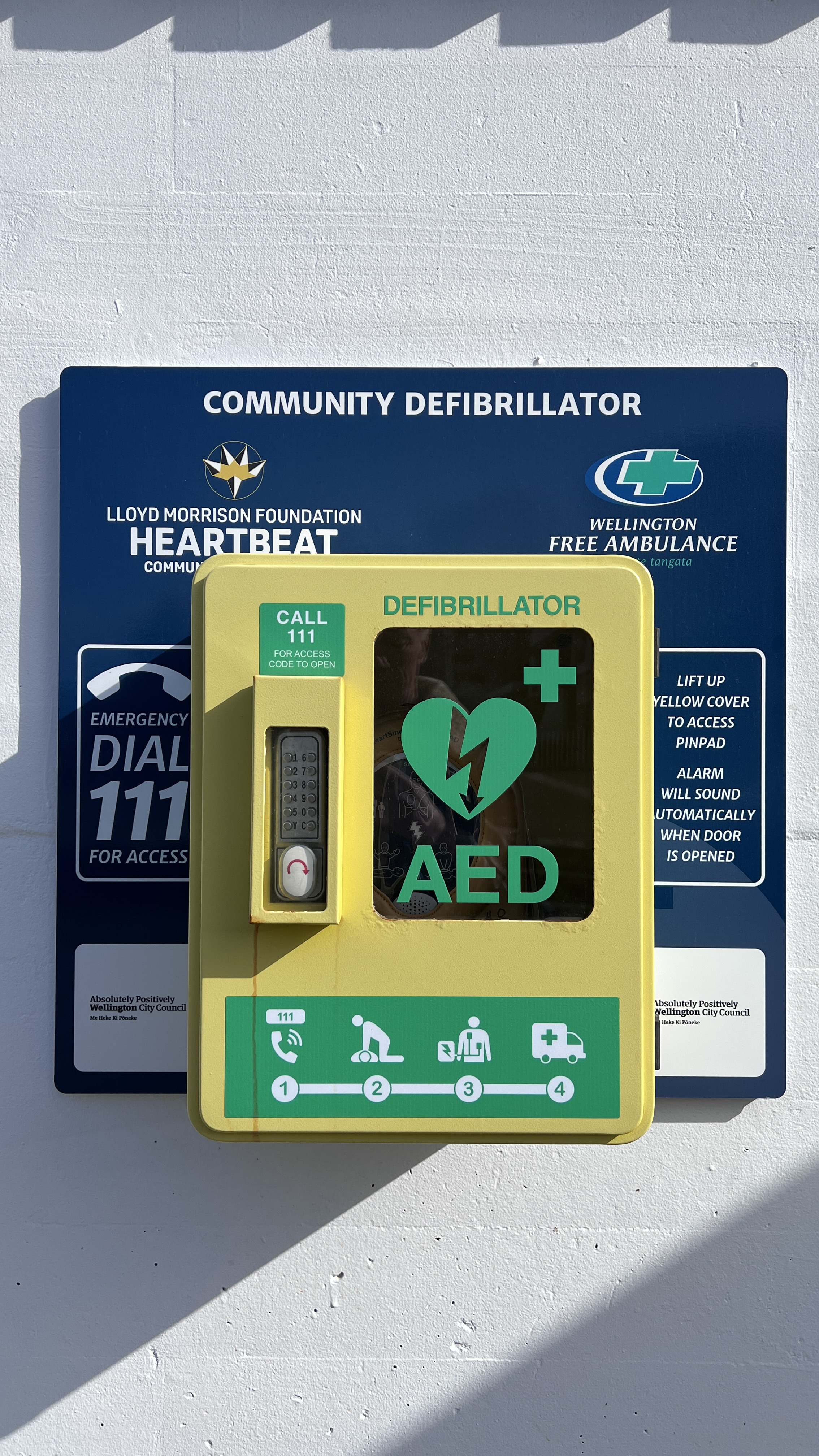 Public automated external defibrillator mounted in a community location